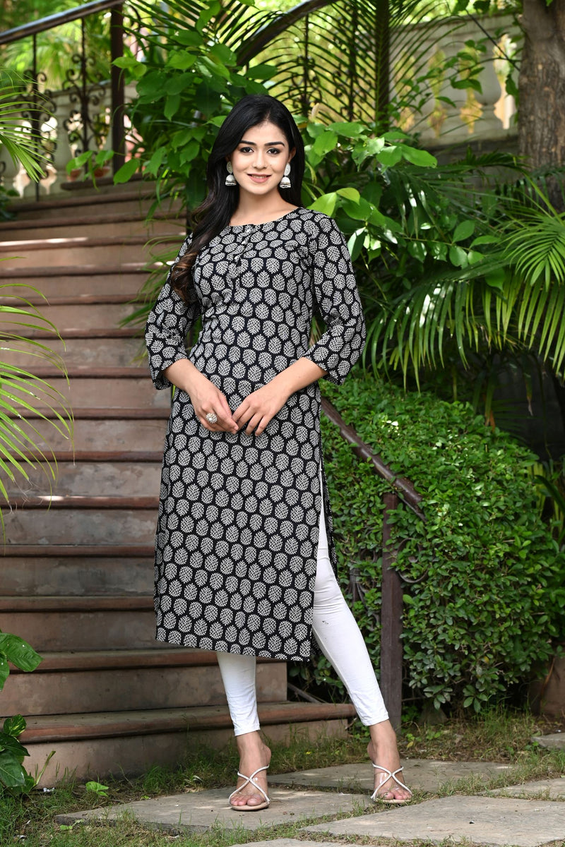 Indian Women Black Floral Pure Cotton Printed Kurta Kurti Top Tunic Dress |  eBay